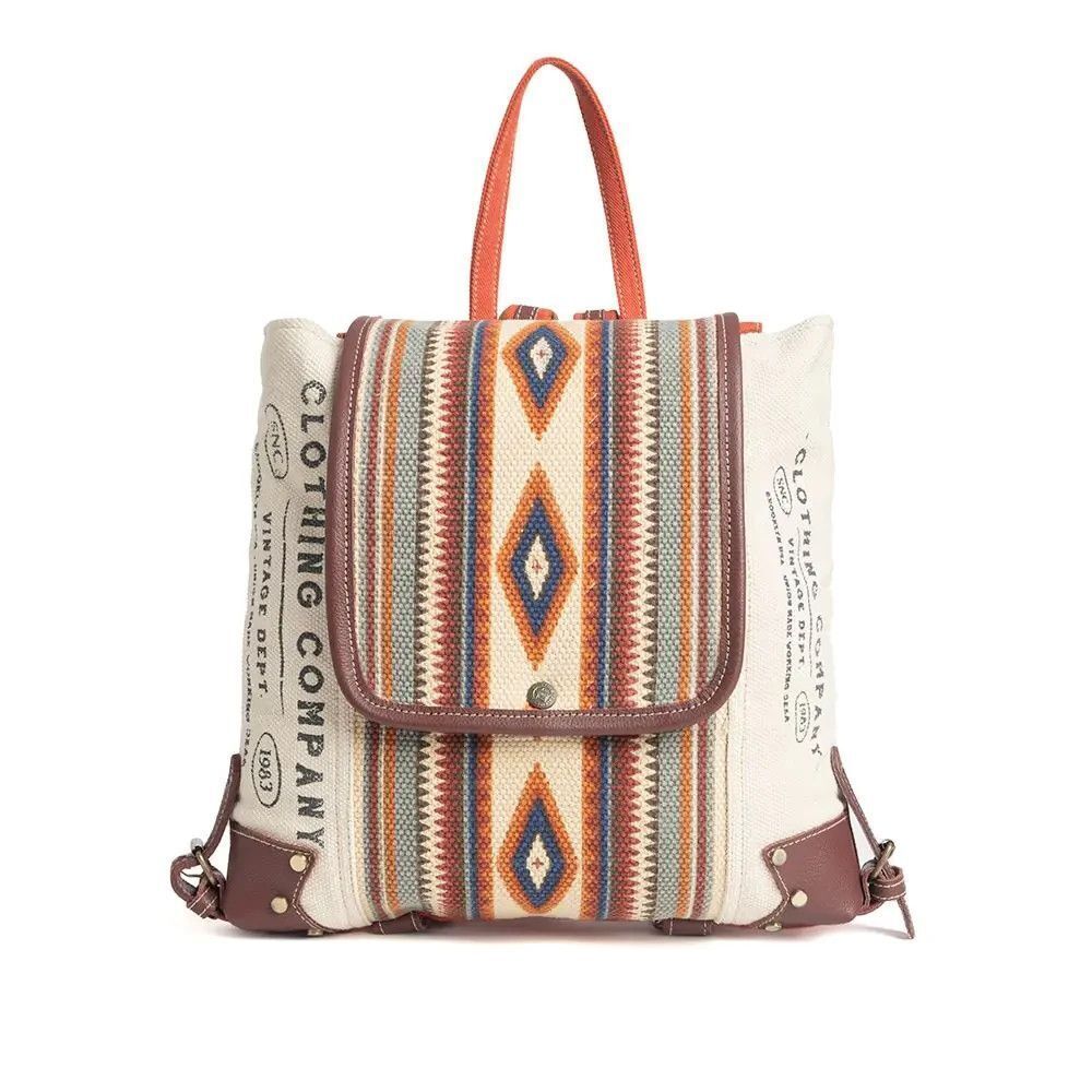 Myra Bag Handmade Rio Backpack Upcycled Canvas & Cowhide Leather